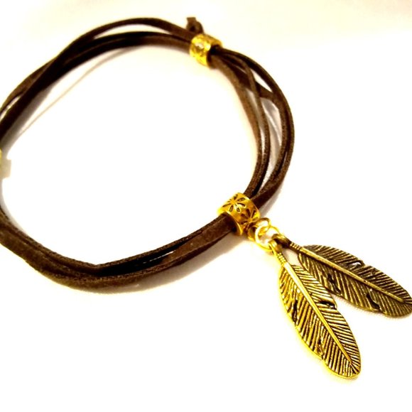 Boho Leather Wrap Bracelet With Feathers - Picture 3 of 5